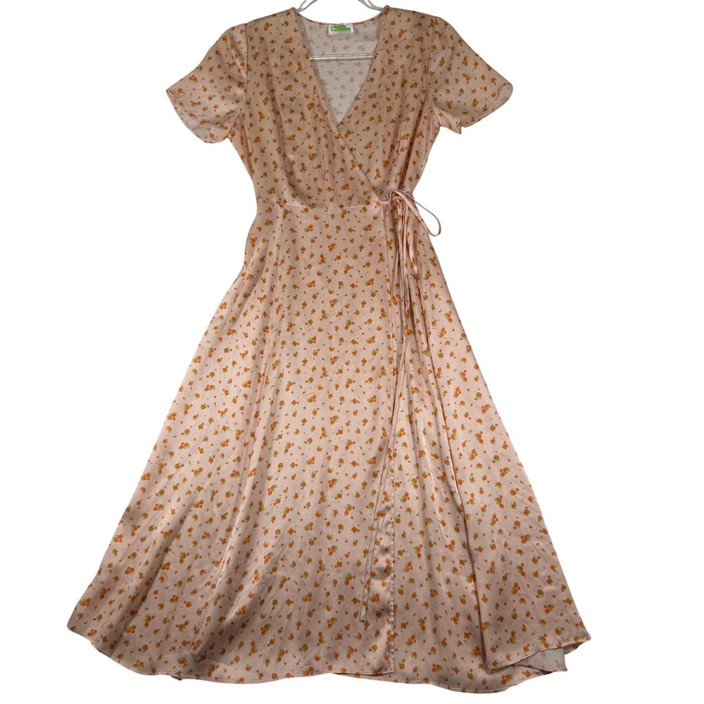 From Future Peach Floral 100% Silk Wrap Midi Dress Short Sleeve Womens